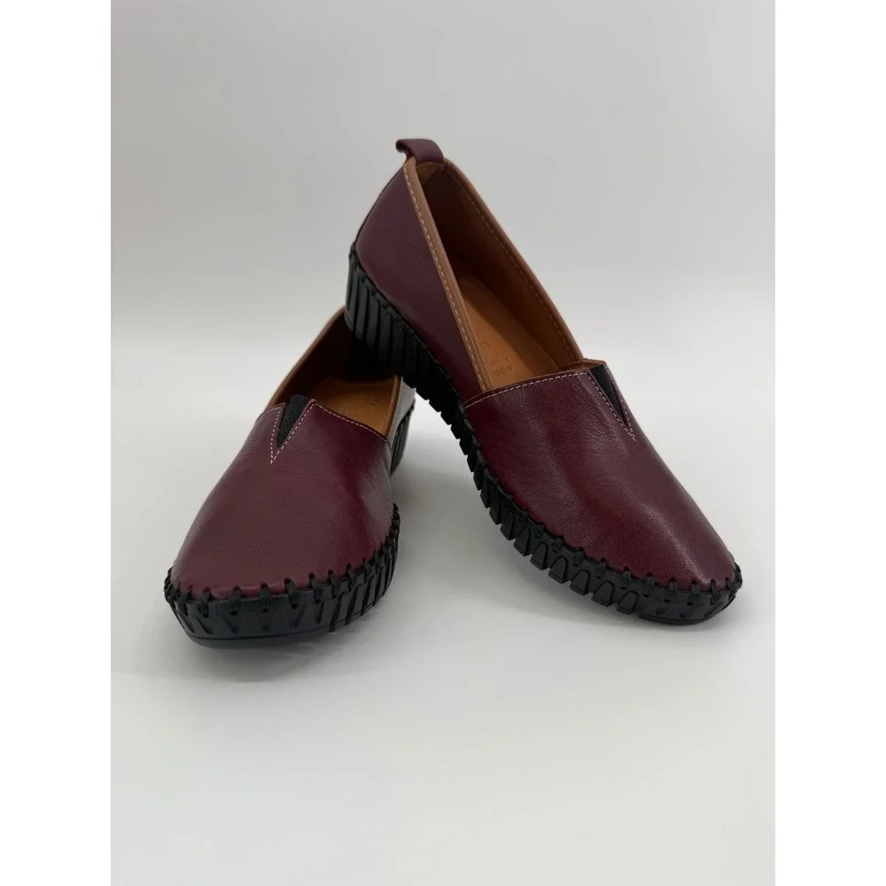 Spring Step Womens Burgundy Leather Whipstitch Wedge Loafers TISPEA-BX-16529